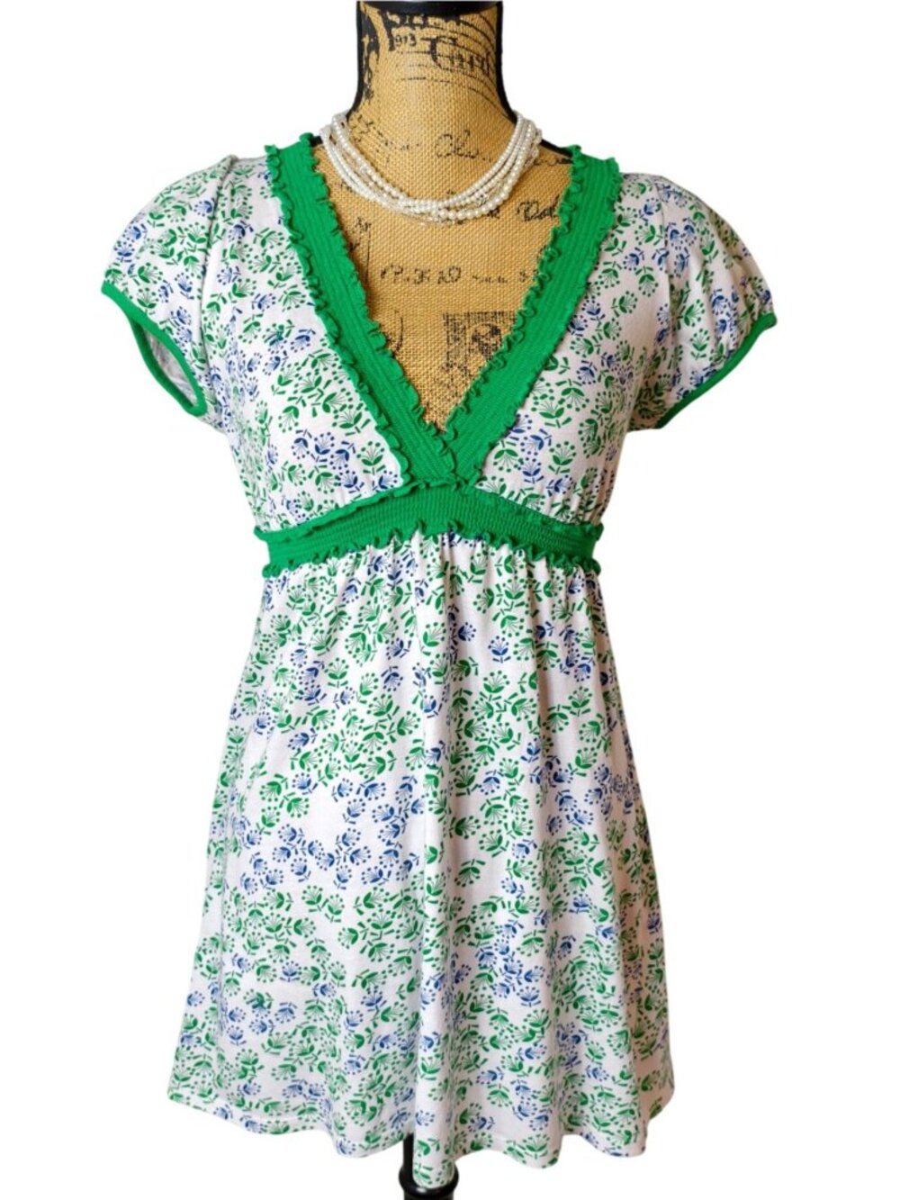 Fang Womens Y2K Mini Dress Kelly Green V-Neck Boho Peasant SS Casual Beach